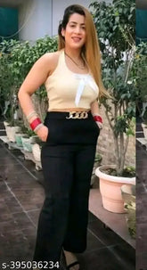 Cotton Lycra bellbottom pants for girls and women by Ravisingh, solid-colored, available in sizes 26, 28, 30, 32, 34 (Waist 26-34, Length 37-39in), India origin